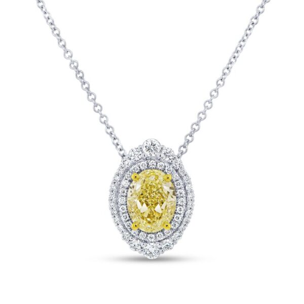 Double-Halo Oval Shaped Fancy Light Yellow Diamond Brooch Necklace