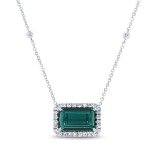 Halo Emerald Cut Indicolite Tourmaline Brooch Pendant