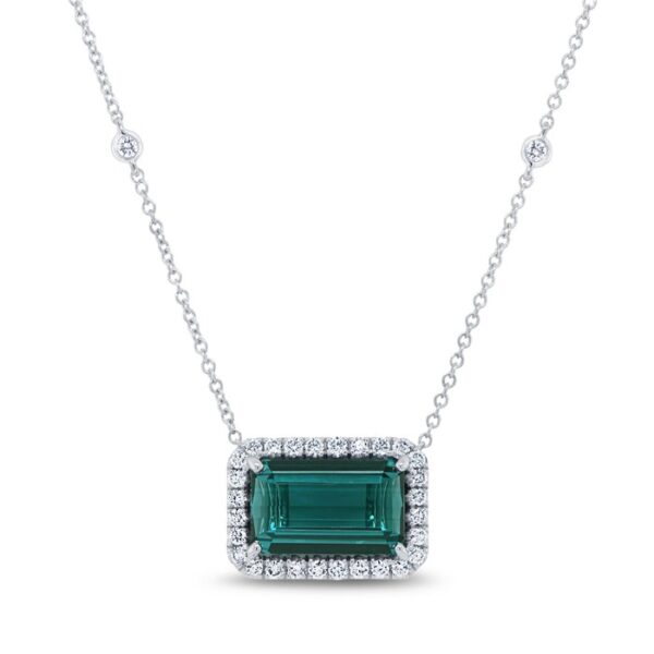 Halo Emerald Cut Indicolite Tourmaline Brooch Pendant