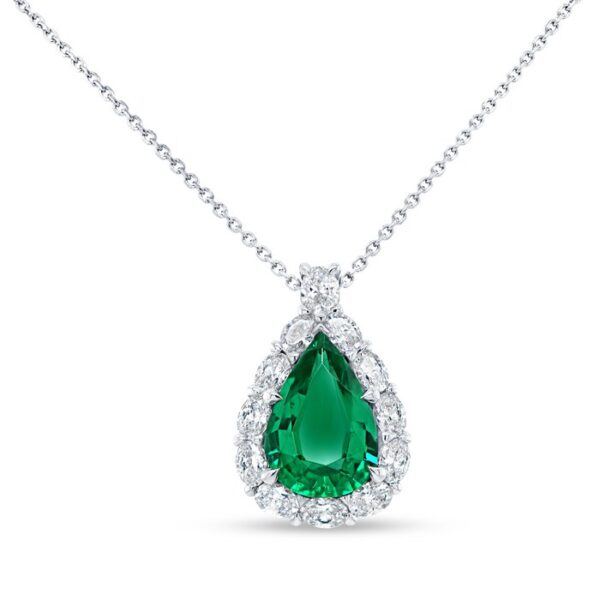 Halo Pear Shaped Emerald Drop Pendant