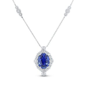Halo Oval Shaped Blue Sapphire Drop Pendant