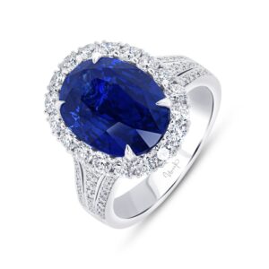 Halo Oval Shaped Blue Sapphire Anniversary Ring
