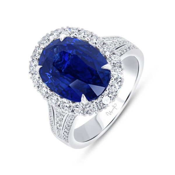 Halo Oval Shaped Blue Sapphire Anniversary Ring