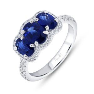 3-Stone-Halo Oval Shaped Blue Sapphire Engagement Ring