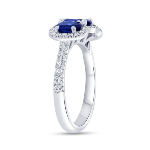 3-Stone-Halo Oval Shaped Blue Sapphire Engagement Ring - Image 2