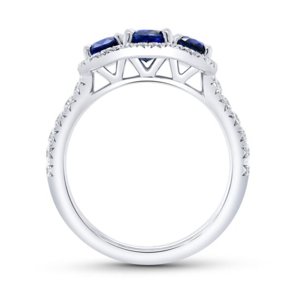 3-Stone-Halo Oval Shaped Blue Sapphire Engagement Ring - Image 3
