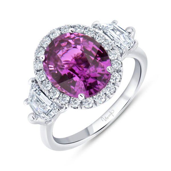 3-Stone-Halo Oval Shaped Pink Sapphire Engagement Ring