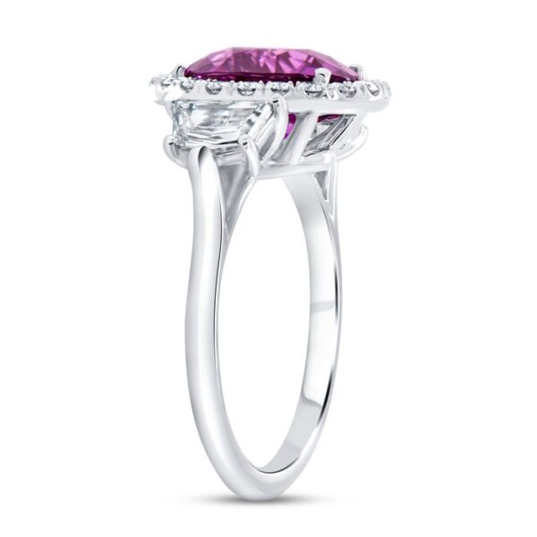 3-Stone-Halo Oval Shaped Pink Sapphire Engagement Ring - Image 2