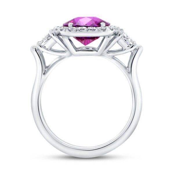 3-Stone-Halo Oval Shaped Pink Sapphire Engagement Ring - Image 3