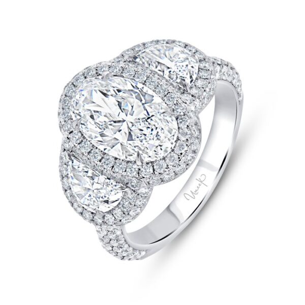 3-Stone-Halo Oval Shaped Diamond Engagement Ring