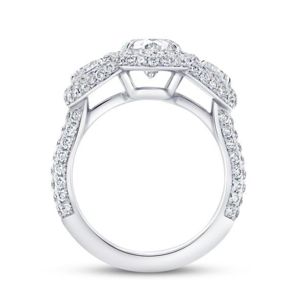 3-Stone-Halo Oval Shaped Diamond Engagement Ring - Image 3