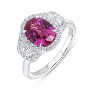 3-Stone-Halo Oval Shaped Pink Sapphire Engagement Ring