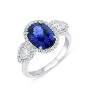 3-Stone-Halo Oval Shaped Blue Sapphire Engagement Ring