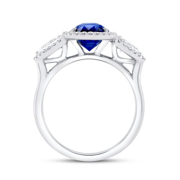 3-Stone-Halo Oval Shaped Blue Sapphire Engagement Ring - Image 3