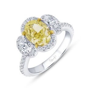 3-Stone-Halo Oval Shaped Fancy Light Yellow Diamond Engagement Ring