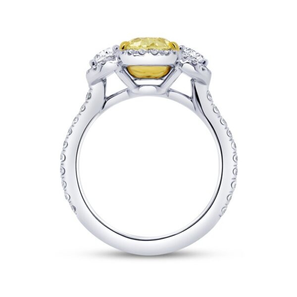3-Stone-Halo Oval Shaped Fancy Light Yellow Diamond Engagement Ring - Image 3