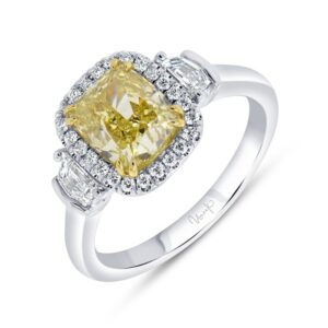 Three-Stone Cushion Cut Fancy Yellow Diamond Engagement Ring