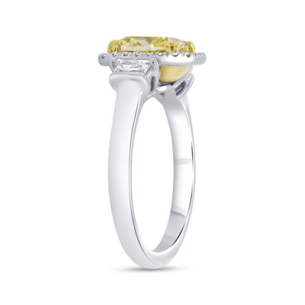 Three-Stone Cushion Cut Fancy Yellow Diamond Engagement Ring - Image 2