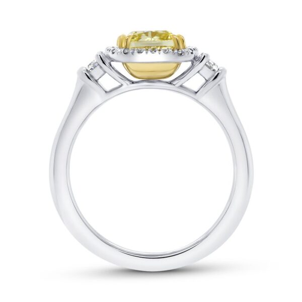 Three-Stone Cushion Cut Fancy Yellow Diamond Engagement Ring - Image 3