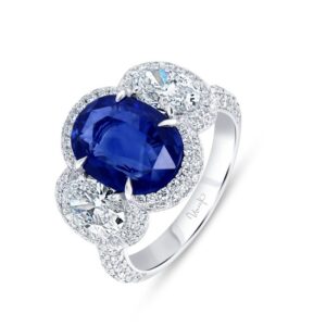 3-Stone-Halo Oval Shaped Blue Sapphire Engagement Ring