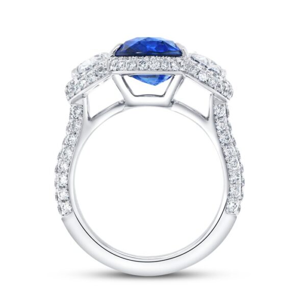 3-Stone-Halo Oval Shaped Blue Sapphire Engagement Ring - Image 3