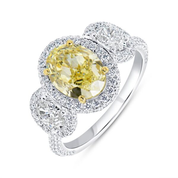 3-Stone-Halo Oval Shaped Fancy Light Yellow Diamond Engagement Ring