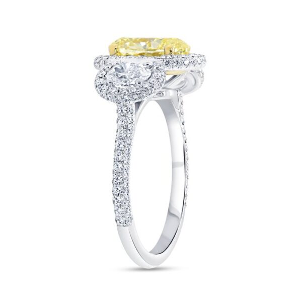 3-Stone-Halo Oval Shaped Fancy Light Yellow Diamond Engagement Ring - Image 2