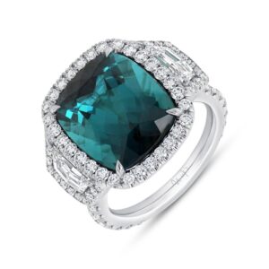 Three-Stone Cushion Cut Green Tourmaline Engagement Ring