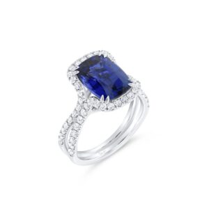 Halo Cushion Cut Blue Sapphire Anniversary Ring