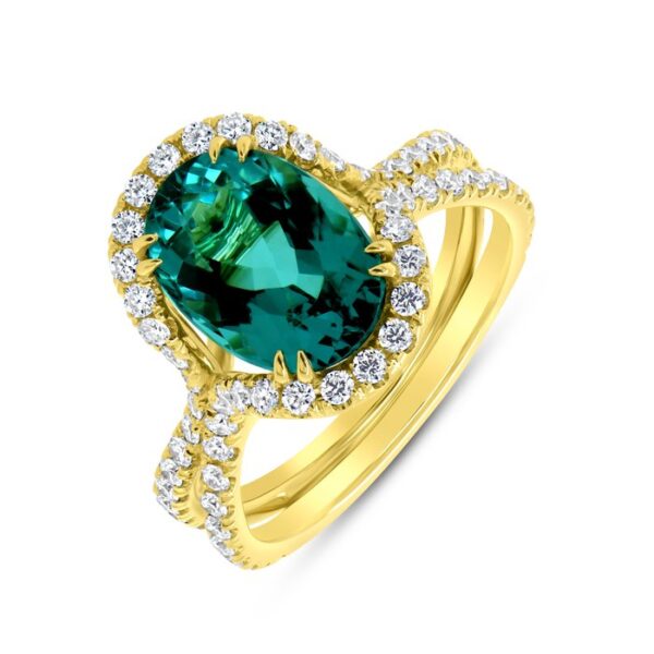 Halo Oval Shaped Indicolite Tourmaline Engagement Ring