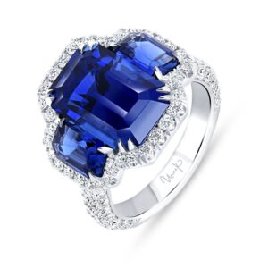 3-Stone-Halo Emerald Cut Blue Sapphire Engagement Ring