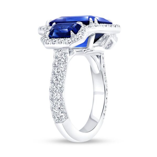3-Stone-Halo Emerald Cut Blue Sapphire Engagement Ring - Image 2