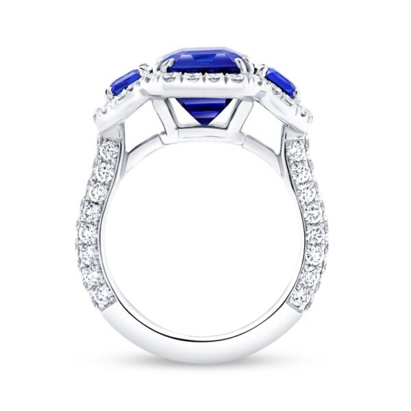3-Stone-Halo Emerald Cut Blue Sapphire Engagement Ring - Image 3