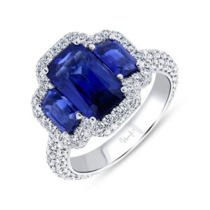 3-Stone-Halo Emerald Cut Blue Sapphire Engagement Ring