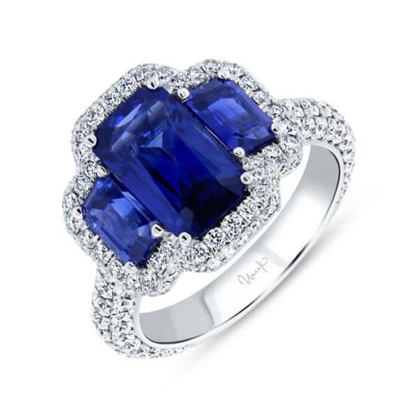 3-Stone-Halo Emerald Cut Blue Sapphire Engagement Ring