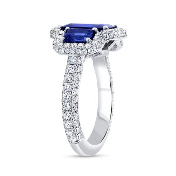 3-Stone-Halo Emerald Cut Blue Sapphire Engagement Ring - Image 2