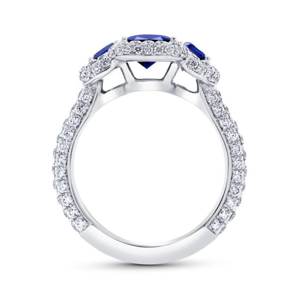 3-Stone-Halo Emerald Cut Blue Sapphire Engagement Ring - Image 3