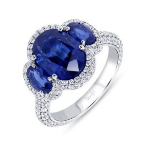 Three-Stone Oval Shaped Blue Sapphire Engagement Ring