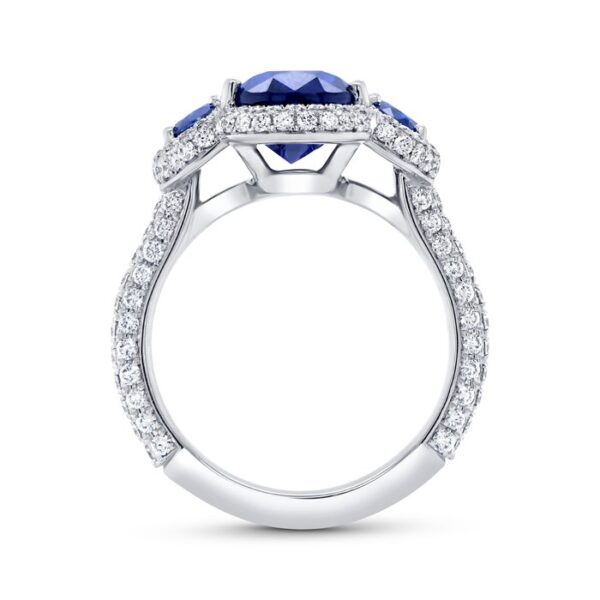 Three-Stone Oval Shaped Blue Sapphire Engagement Ring - Image 3