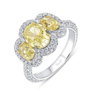 3-Stone-Halo Oval Shaped Fancy Light Yellow Diamond Engagement Ring