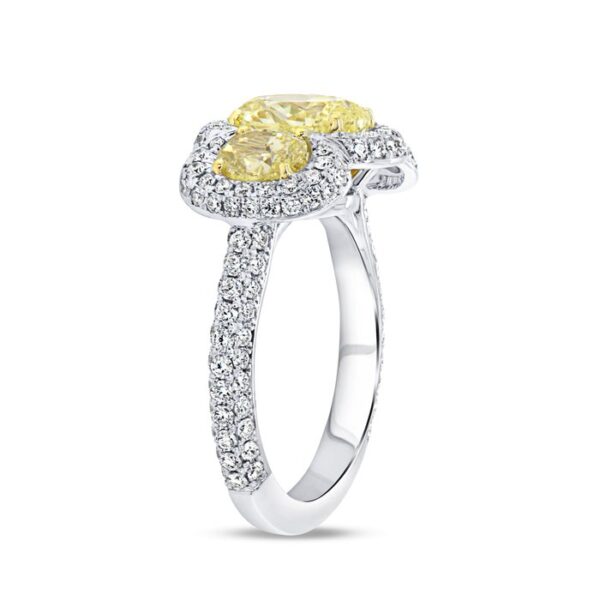 3-Stone-Halo Oval Shaped Fancy Light Yellow Diamond Engagement Ring - Image 2