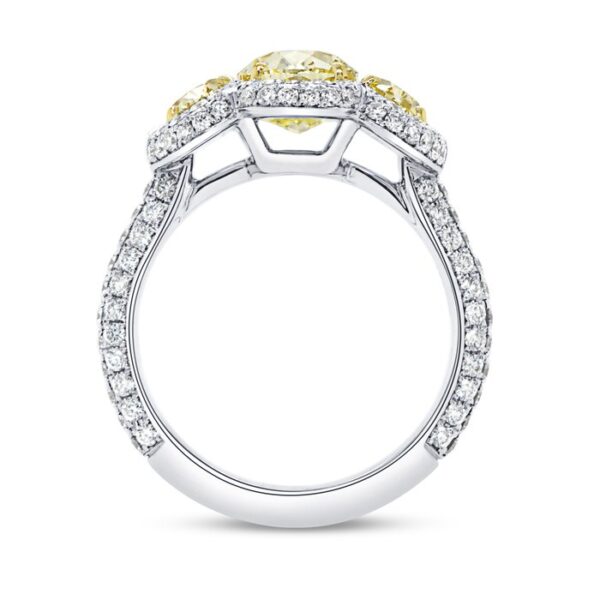 3-Stone-Halo Oval Shaped Fancy Light Yellow Diamond Engagement Ring - Image 3