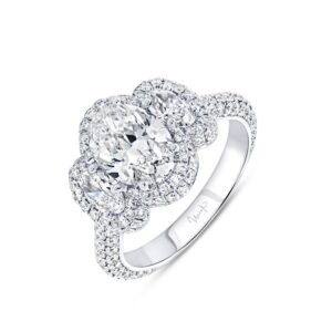 3-Stone-Halo Oval Shaped Diamond Engagement Ring