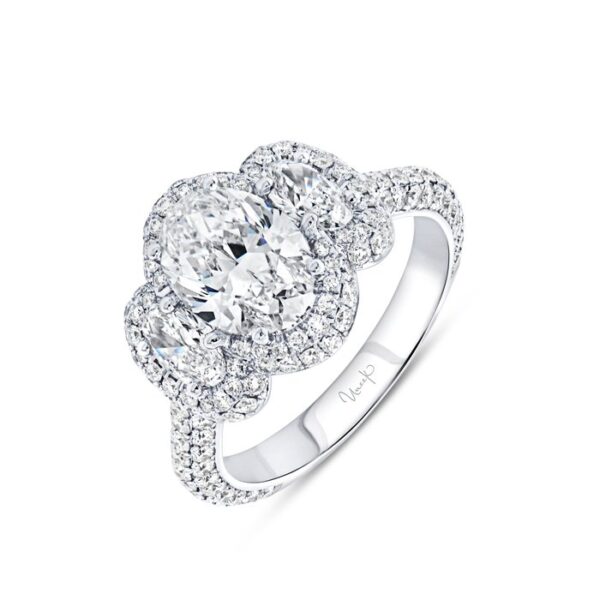 3-Stone-Halo Oval Shaped Diamond Engagement Ring