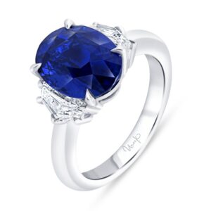 Three-Stone Oval Shaped Blue Sapphire Engagement Ring