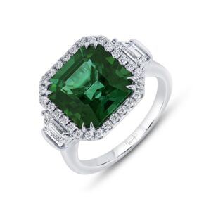 3-Stone-Halo Asscher Green Tourmaline Fashion Ring