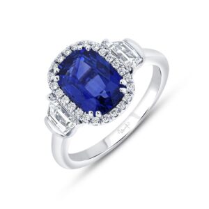Three-Stone Cushion Cut Blue Sapphire Engagement Ring
