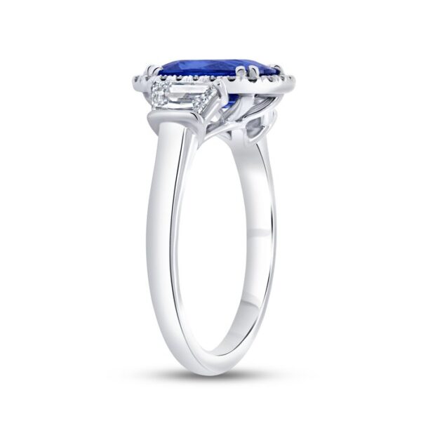 Three-Stone Cushion Cut Blue Sapphire Engagement Ring - Image 2