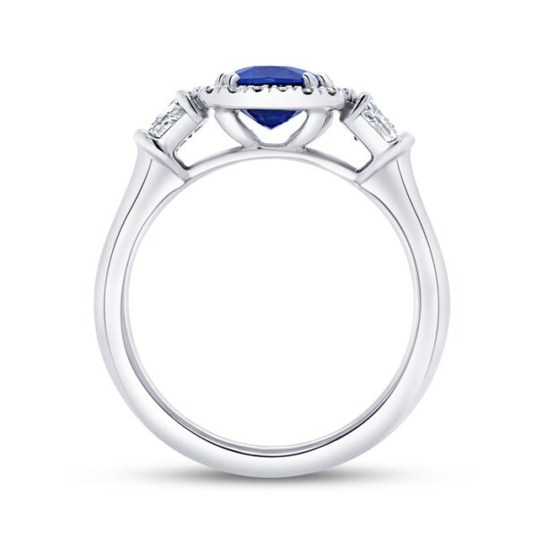 Three-Stone Cushion Cut Blue Sapphire Engagement Ring - Image 3