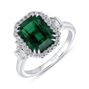 3-Stone-Halo Emerald Cut Emerald Engagement Ring
